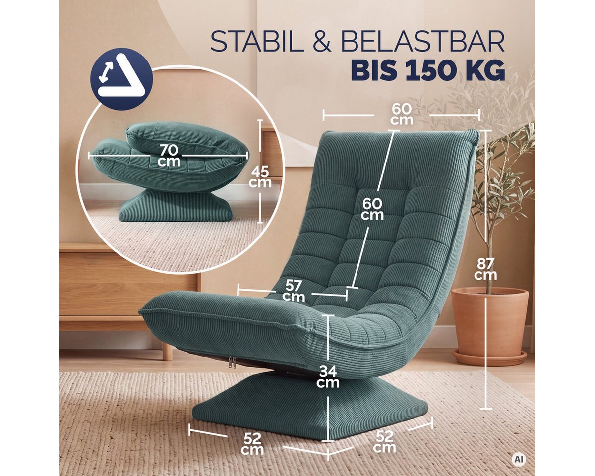 Casaria Relaxsessel Aberdeen Cord, verstellbare Lehne Drehbar Klappbar 150kg Belastbarkeit 60x105x87cm – Bild 3 von 5
