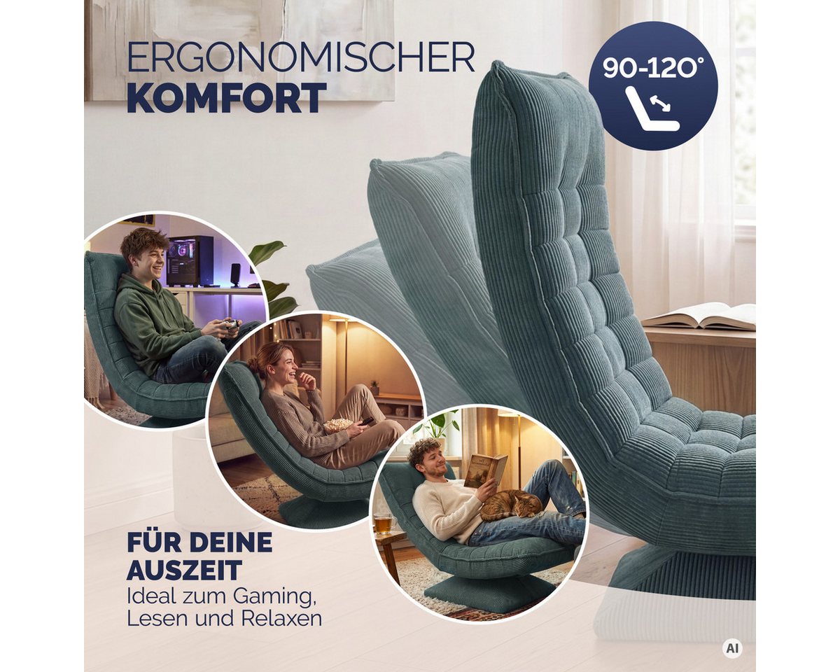Casaria Relaxsessel Aberdeen Cord, verstellbare Lehne Drehbar Klappbar 150kg Belastbarkeit 60x105x87cm – Bild 4 von 5