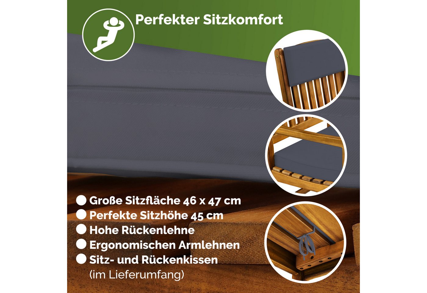 Casaria Schaukelstuhl, Gartenstuhl Schaukelstuhl Holz 160kg Belastbar Garten Balkon Akazie – Bild 2 von 5
