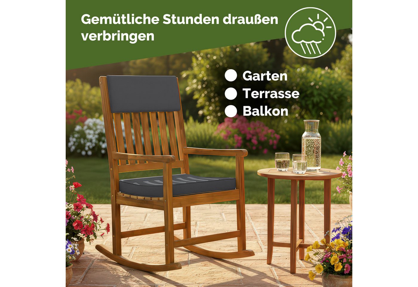 Casaria Schaukelstuhl, Gartenstuhl Schaukelstuhl Holz 160kg Belastbar Garten Balkon Akazie – Bild 4 von 5