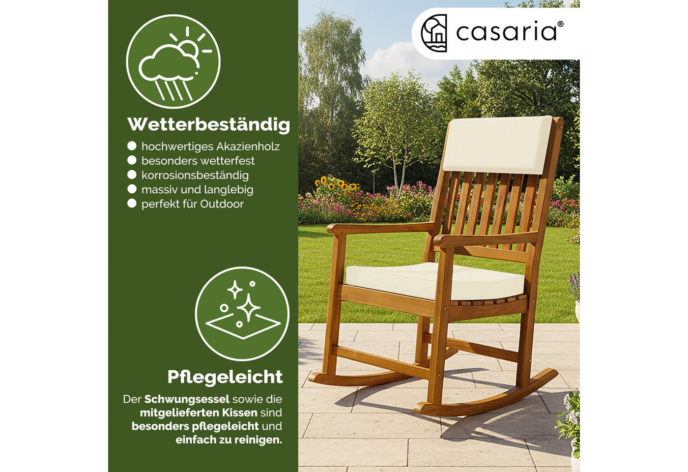 Casaria Schaukelstuhl, Gartenstuhl Schaukelstuhl Holz 160kg Belastbar Garten Balkon Akazie – Bild 3 von 5
