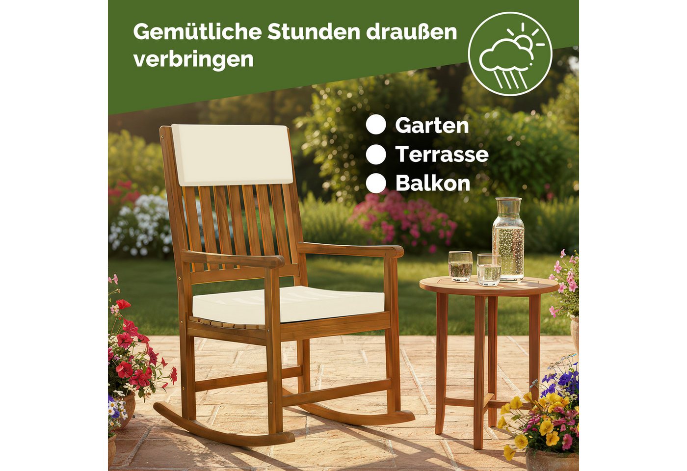 Casaria Schaukelstuhl, Gartenstuhl Schaukelstuhl Holz 160kg Belastbar Garten Balkon Akazie – Bild 4 von 5