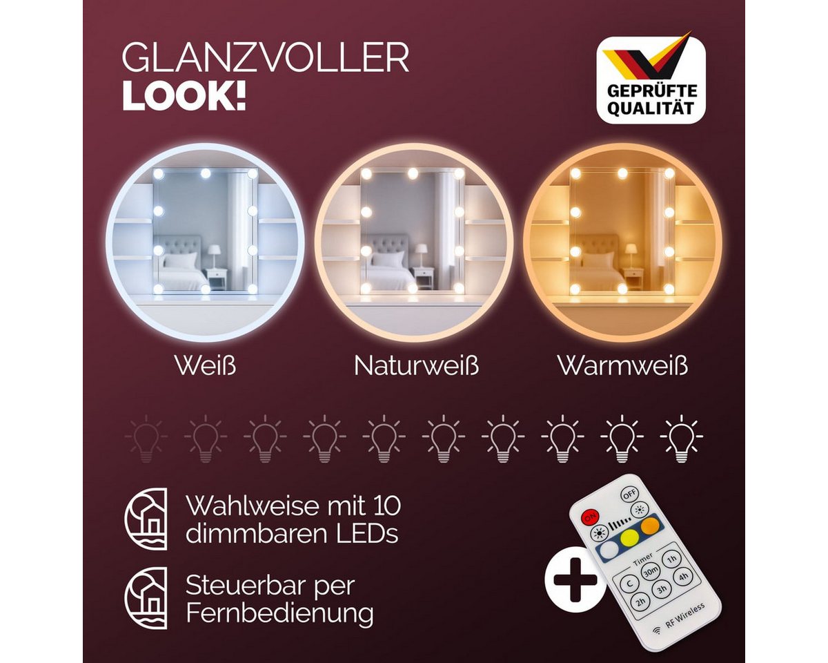 Casaria Schminktisch Lucia (1-St), mit Spiegel und LED Beleuchtung Schminkkommode Schublade 110x40cm Weiß – Bild 2 von 5