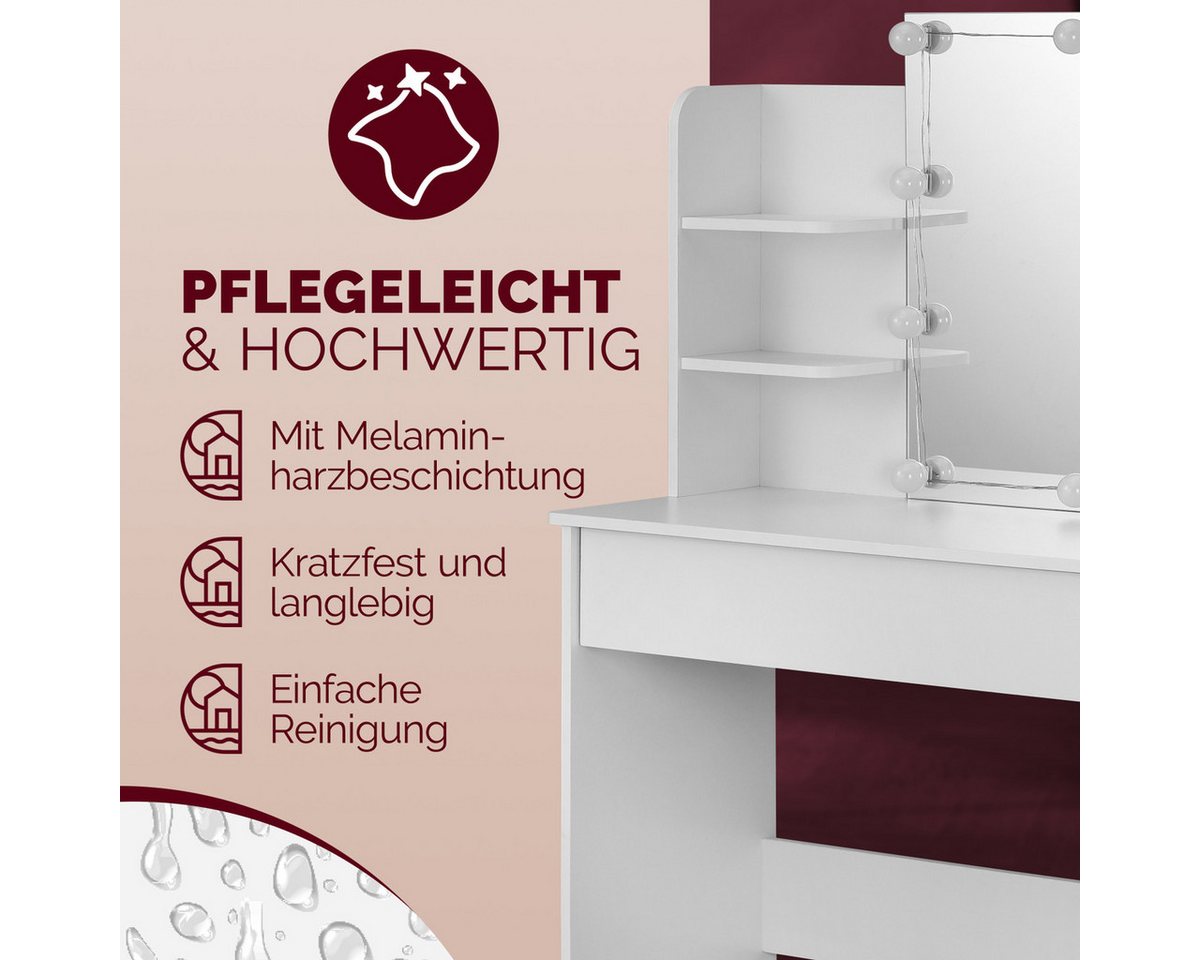 Casaria Schminktisch Lucia (1-St), mit Spiegel und LED Beleuchtung Schminkkommode Schublade 110x40cm Weiß – Bild 5 von 5