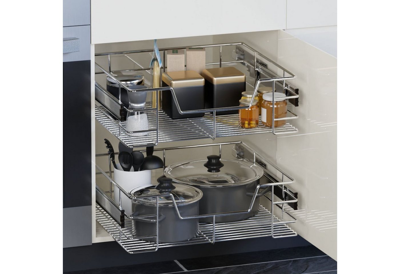 Casaria Schubkasten, 50 cm 3er Set Verchromt 25kg Belastbar Vollauszug mit Montagematerial – Bild 2 von 5