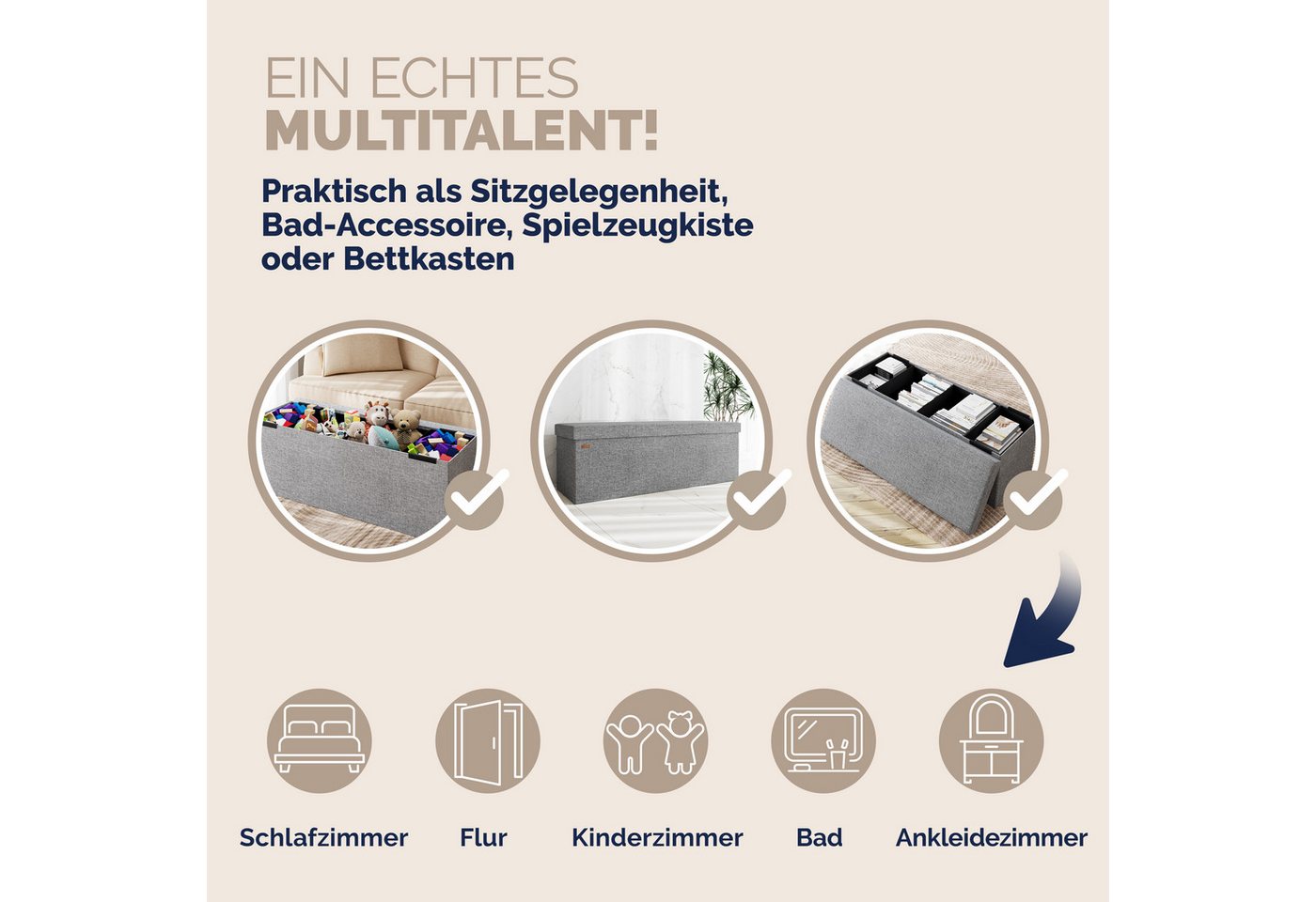 Casaria Sitzbank (1-St), mit Stauraum 80x40x40cm Faltbar 100 L Gepolstert Deckel Stoff – Bild 5 von 5