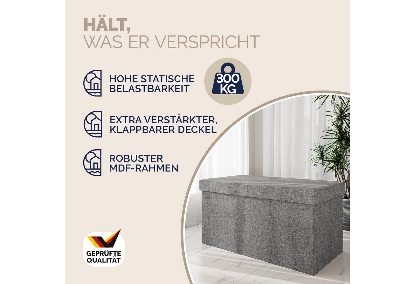 Casaria Sitzbank (1-St), Deckel Klappbar Gepolstert Faltbar Stabil Stoff 100L Flur Schlafzimmer – Bild 3 von 5