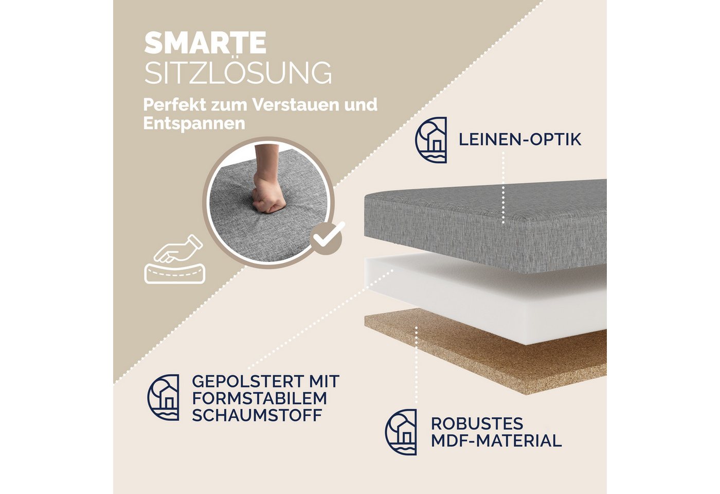 Casaria Sitzbank (1-St), Deckel Klappbar Gepolstert Faltbar Stabil Stoff 100L Flur Schlafzimmer – Bild 4 von 5