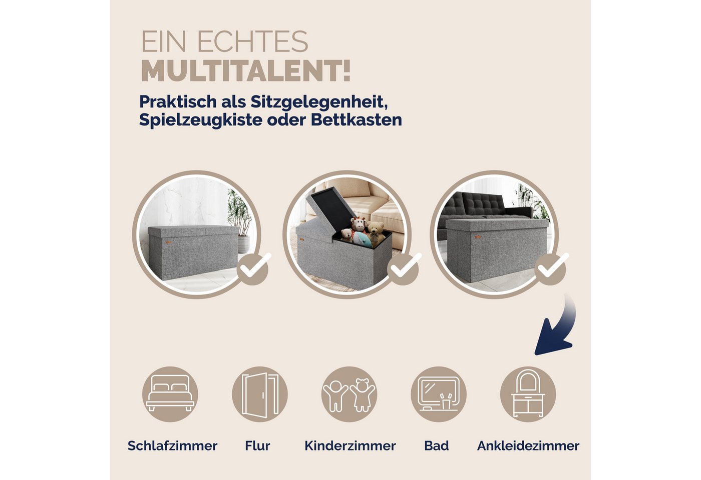 Casaria Sitzbank (1-St), Deckel Klappbar Gepolstert Faltbar Stabil Stoff 100L Flur Schlafzimmer – Bild 5 von 5
