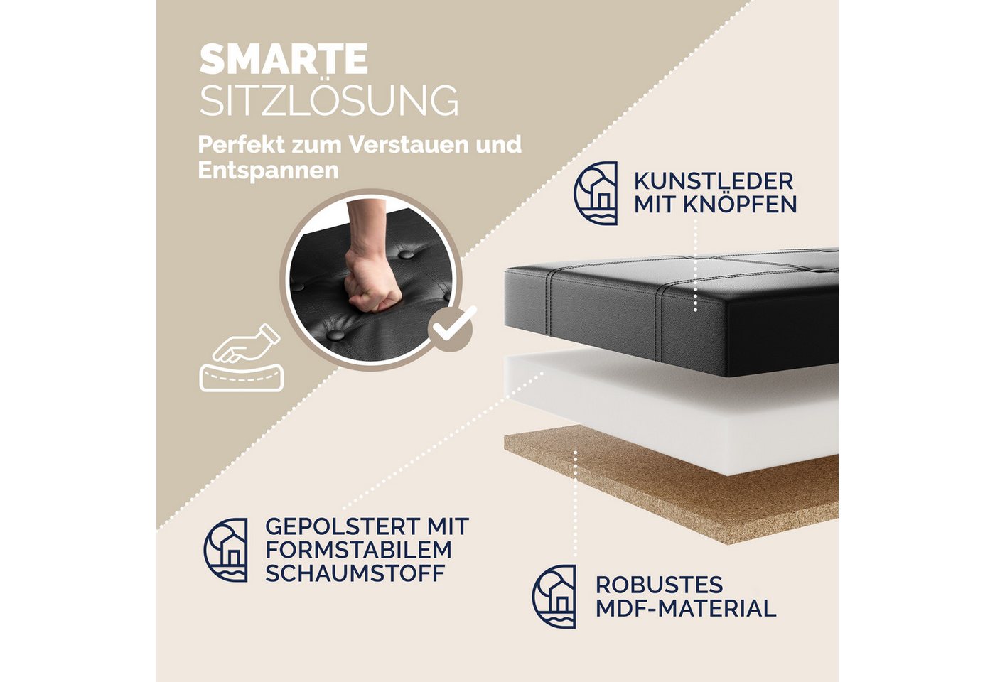 Casaria Sitzbank (1-St), mit Stauraum 80x40x40cm Faltbar 100 L Gepolstert Deckel Kunstleder – Bild 4 von 5