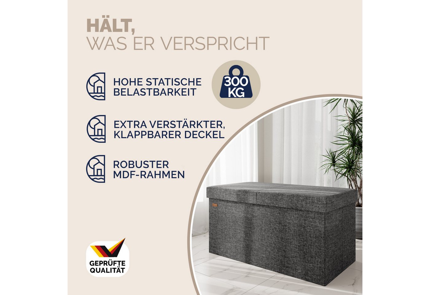 Casaria Sitzbank (1-St), Deckel Klappbar Gepolstert Faltbar Stabil Stoff 100L Flur Schlafzimmer – Bild 3 von 5