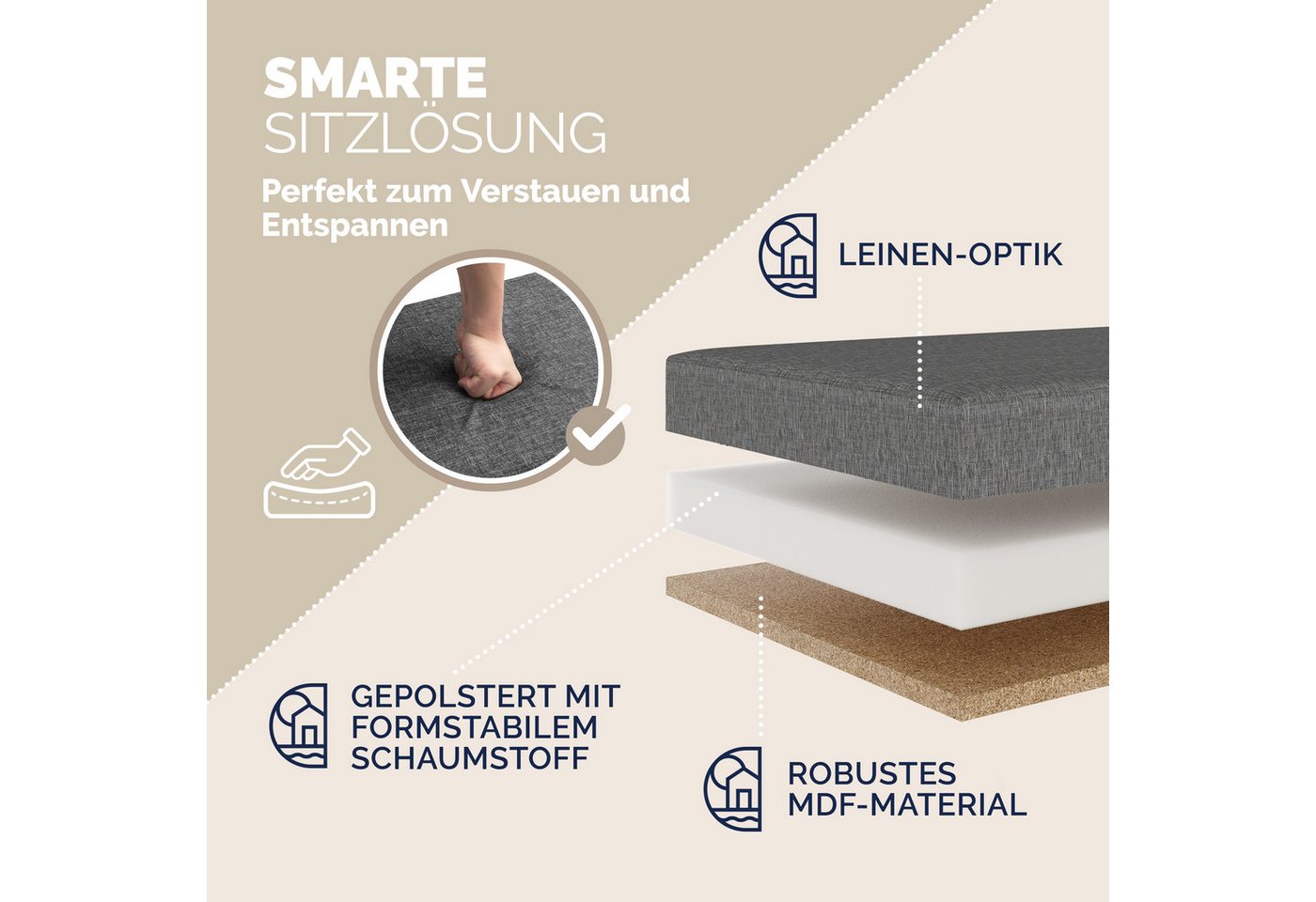 Casaria Sitzbank (1-St), Deckel Klappbar Gepolstert Faltbar Stabil Stoff 100L Flur Schlafzimmer – Bild 4 von 5