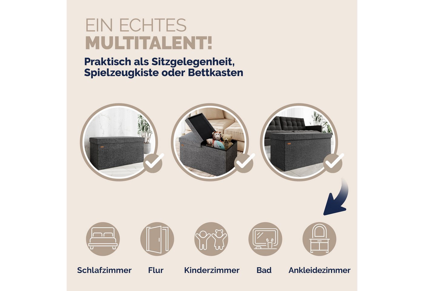 Casaria Sitzbank (1-St), Deckel Klappbar Gepolstert Faltbar Stabil Stoff 100L Flur Schlafzimmer – Bild 5 von 5