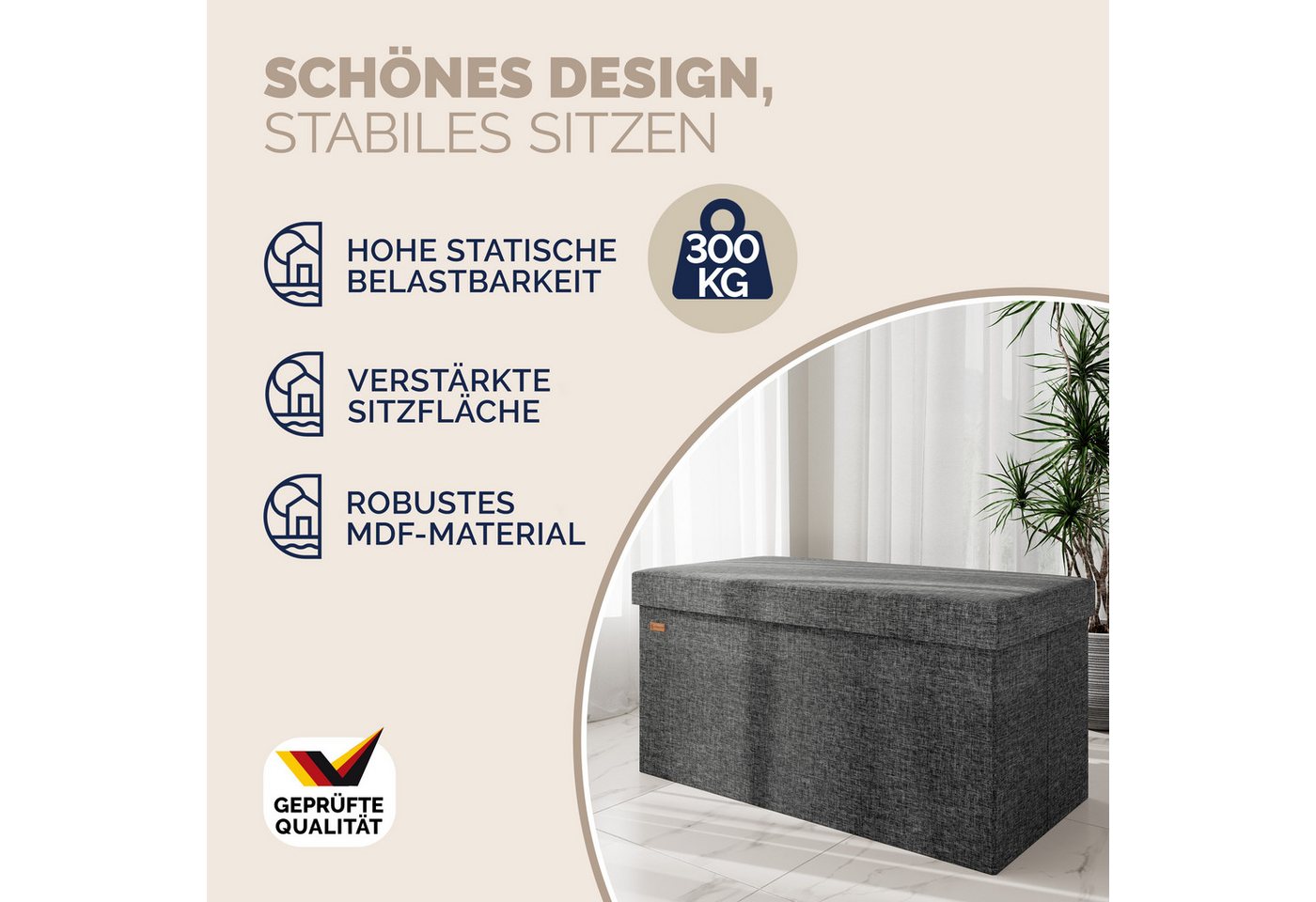 Casaria Sitzbank (1-St), mit Stauraum 80x40x40cm Faltbar 100L Gepolstert Deckel Stoff – Bild 3 von 5