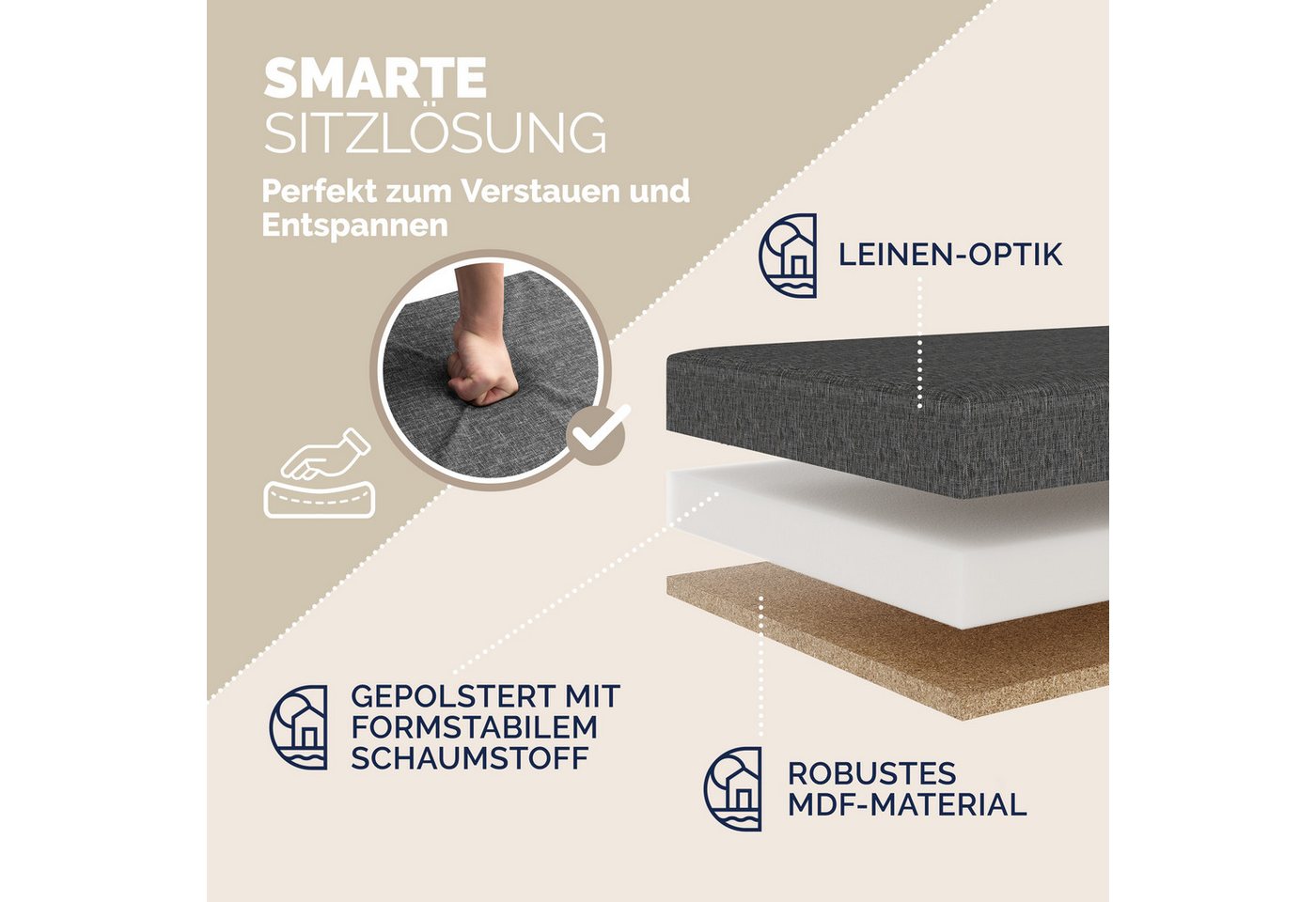 Casaria Sitzbank (1-St), mit Stauraum 80x40x40cm Faltbar 100L Gepolstert Deckel Stoff – Bild 4 von 5