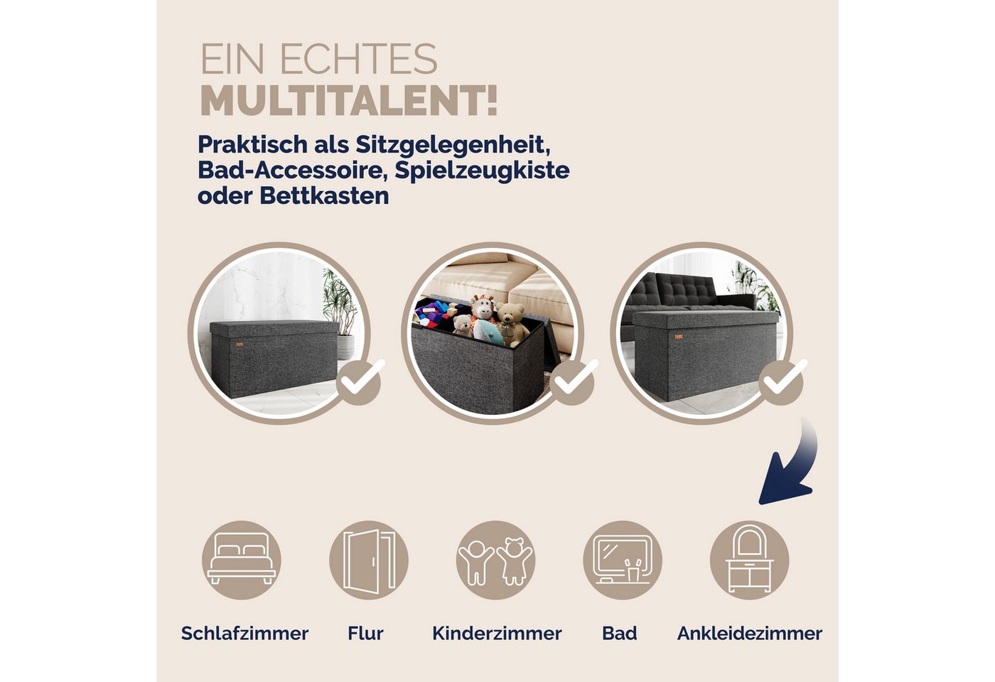 Casaria Sitzbank (1-St), mit Stauraum 80x40x40cm Faltbar 100L Gepolstert Deckel Stoff – Bild 5 von 5