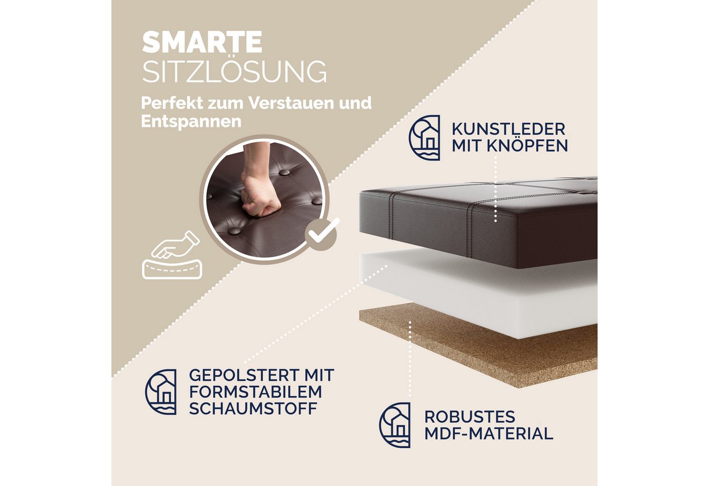Casaria Sitzbank (1-St), mit Stauraum 80x40x40cm Faltbar 100 L Gepolstert Deckel Kunstleder – Bild 4 von 5