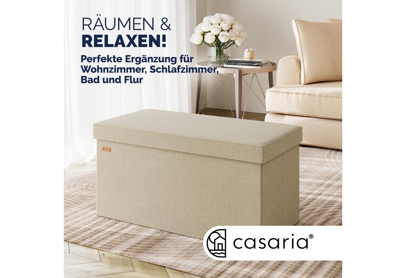 Casaria Sitzbank, mit Stauraum Faltbar Beige 80x40x40cm Gepolstert Deckel Stoff Stabil – Bild 2 von 5
