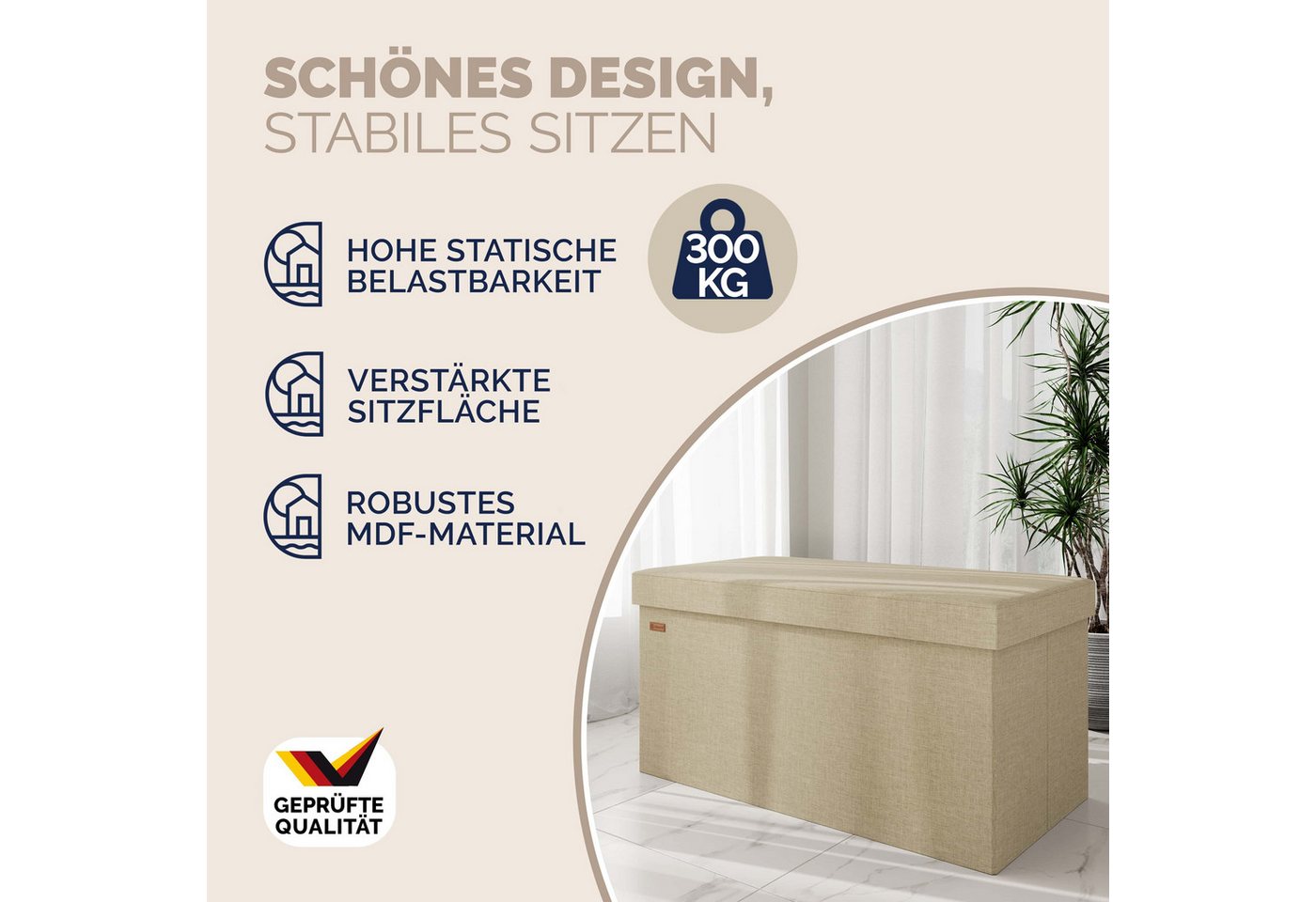 Casaria Sitzbank, mit Stauraum Faltbar Beige 80x40x40cm Gepolstert Deckel Stoff Stabil – Bild 3 von 5