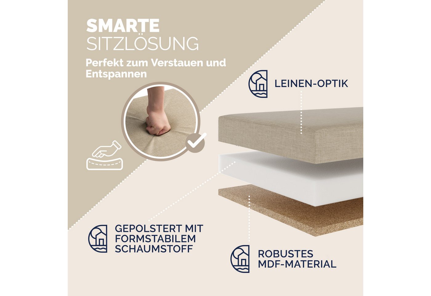 Casaria Sitzbank, mit Stauraum Faltbar Beige 80x40x40cm Gepolstert Deckel Stoff Stabil – Bild 4 von 5