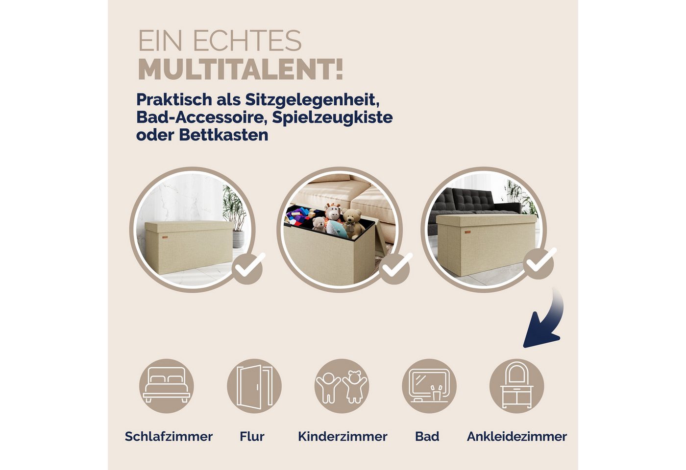 Casaria Sitzbank, mit Stauraum Faltbar Beige 80x40x40cm Gepolstert Deckel Stoff Stabil – Bild 5 von 5