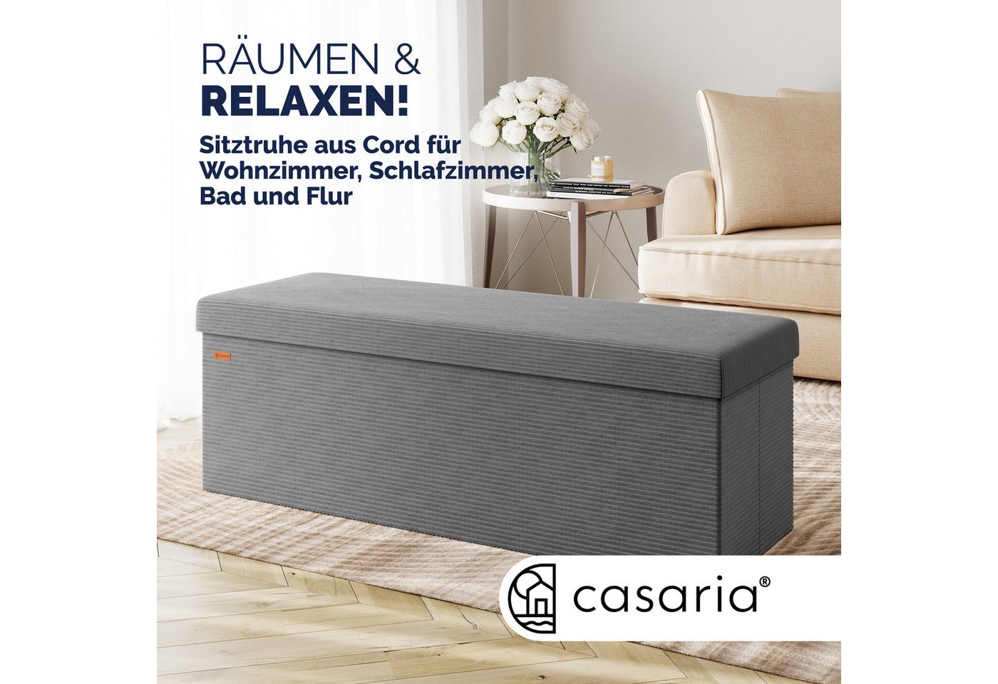 Casaria Sitzbank, Cord Anthrazit Faltbar inkl. 2 Boxen 114cm 300kg Belastbarkeit Flur – Bild 2 von 5