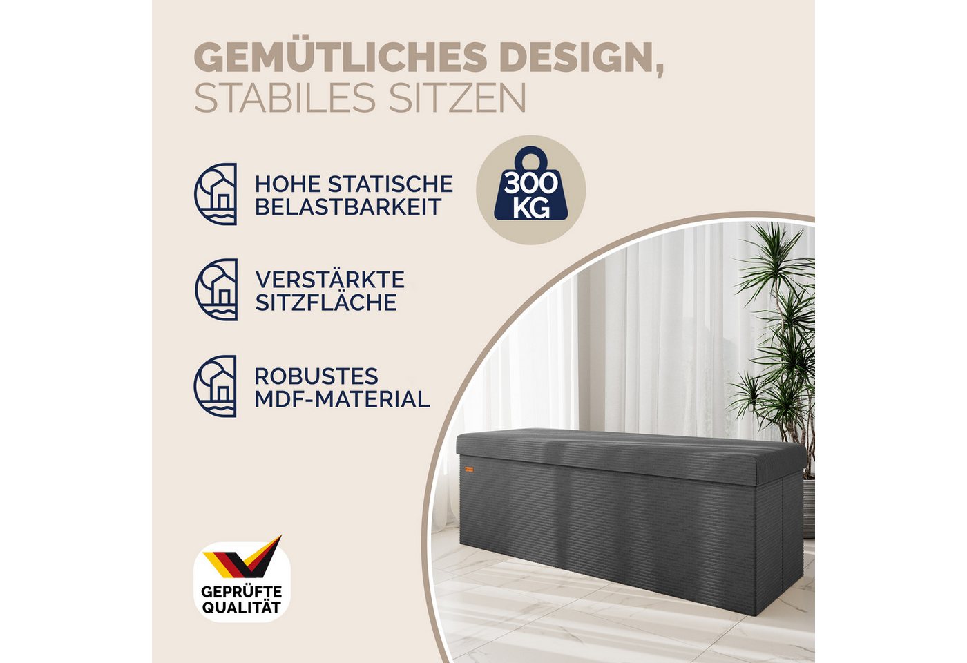 Casaria Sitzbank, Cord Anthrazit Faltbar inkl. 2 Boxen 114cm 300kg Belastbarkeit Flur – Bild 3 von 5