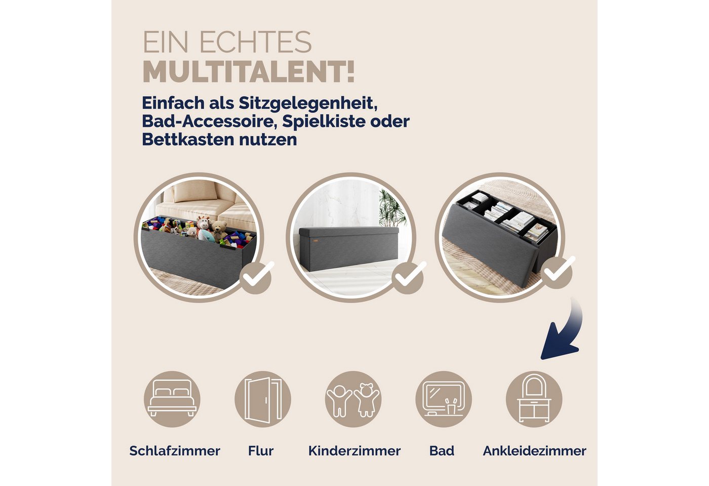 Casaria Sitzbank, Cord Anthrazit Faltbar inkl. 2 Boxen 114cm 300kg Belastbarkeit Flur – Bild 5 von 5