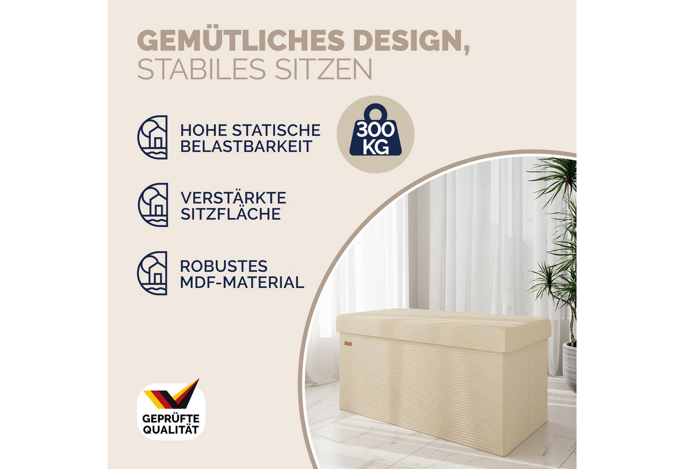 Casaria Sitzbank, Cord Beige Faltbar 76x38cm 300kg Belastbarkeit Wohnzimmer Schlafzimmer – Bild 3 von 5