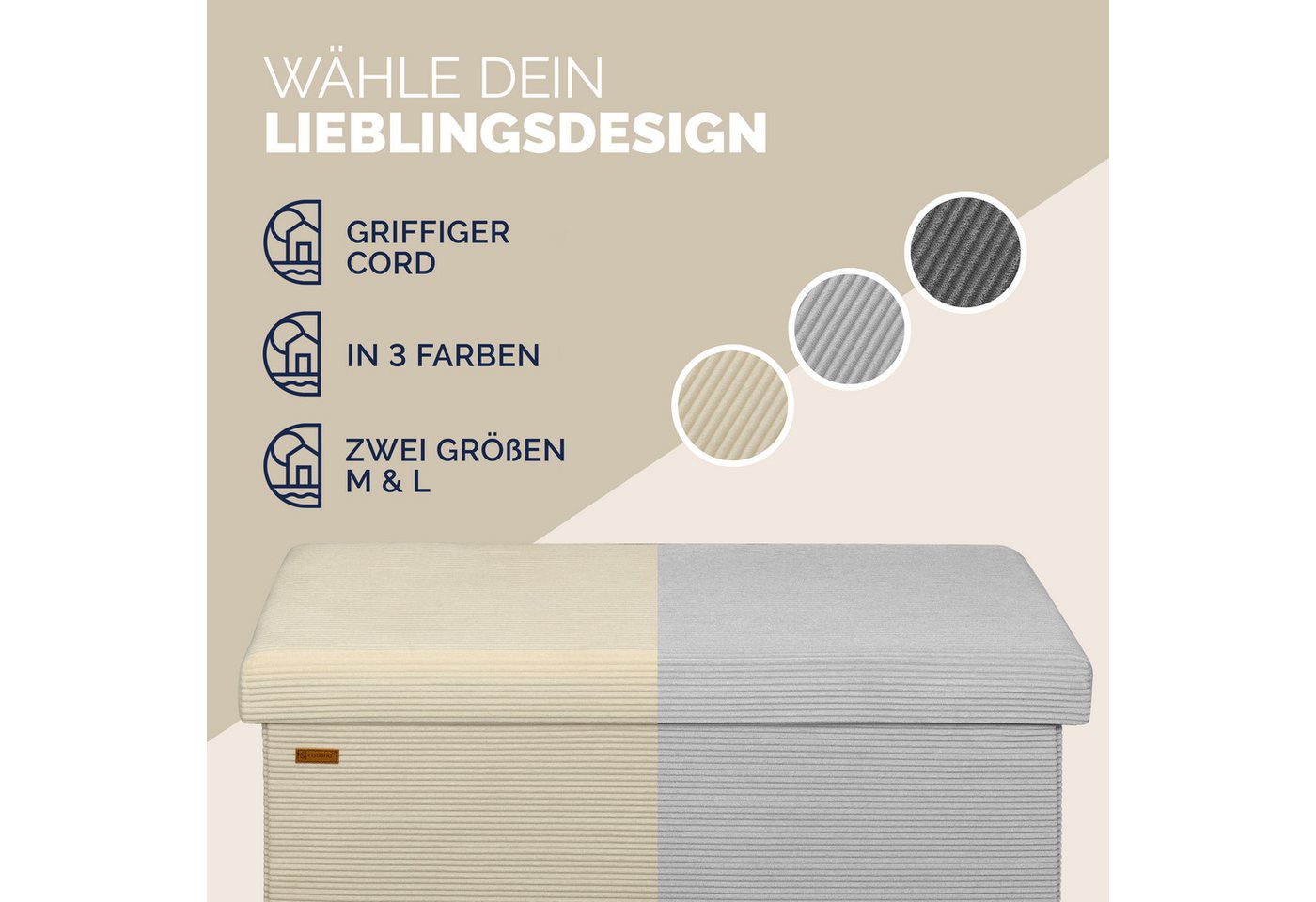 Casaria Sitzbank, Cord Beige Faltbar 76x38cm 300kg Belastbarkeit Wohnzimmer Schlafzimmer – Bild 4 von 5