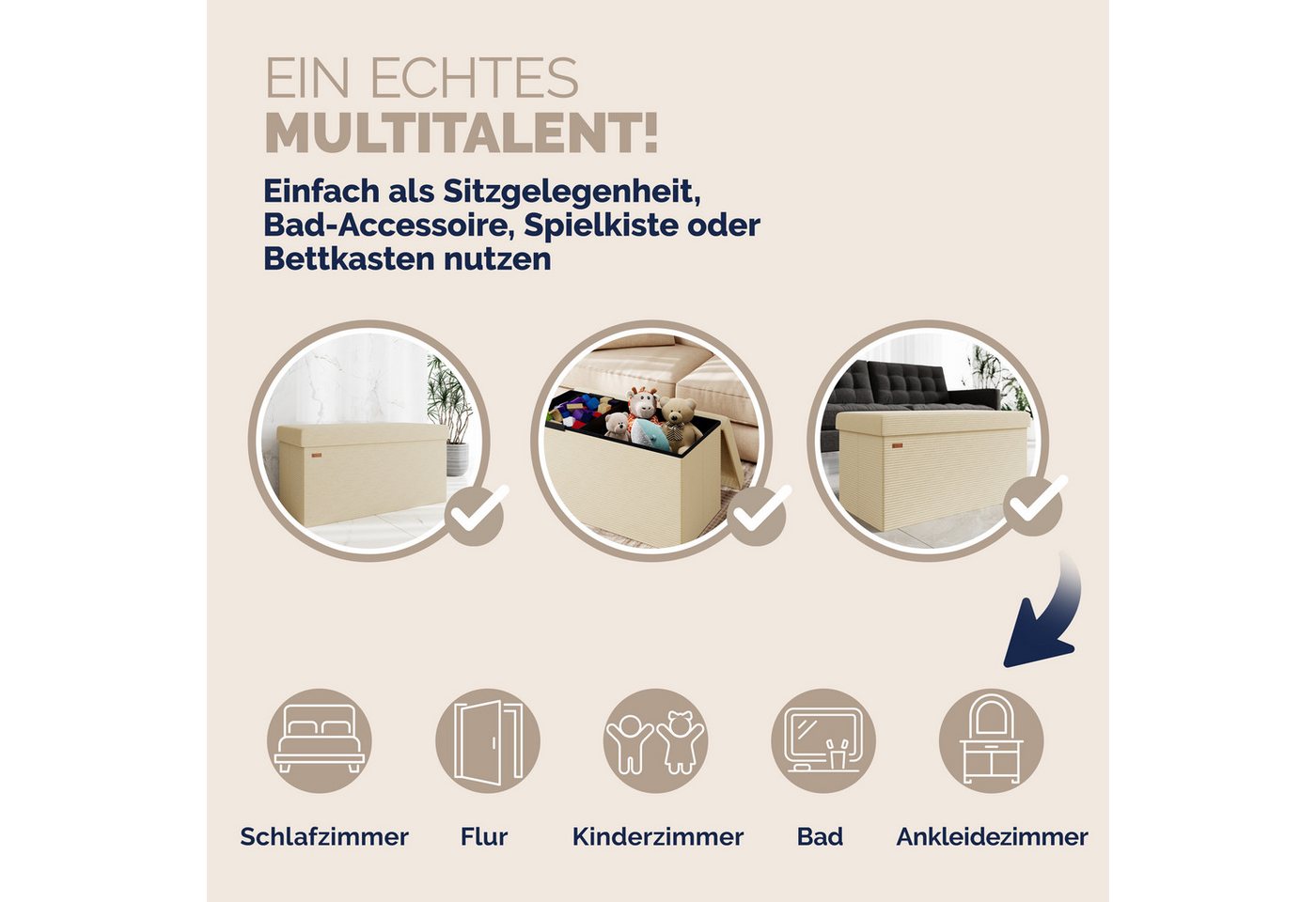 Casaria Sitzbank, Cord Beige Faltbar 76x38cm 300kg Belastbarkeit Wohnzimmer Schlafzimmer – Bild 5 von 5