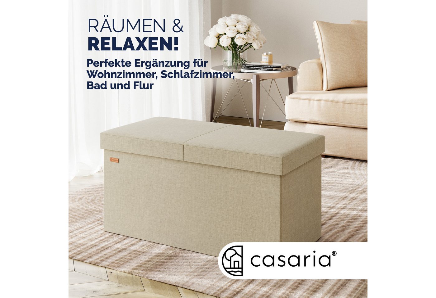 Casaria Sitzbank, mit Stauraum Faltbar Beige 80x40x40cm Gepolstert Deckel Stoff Stabil – Bild 2 von 5