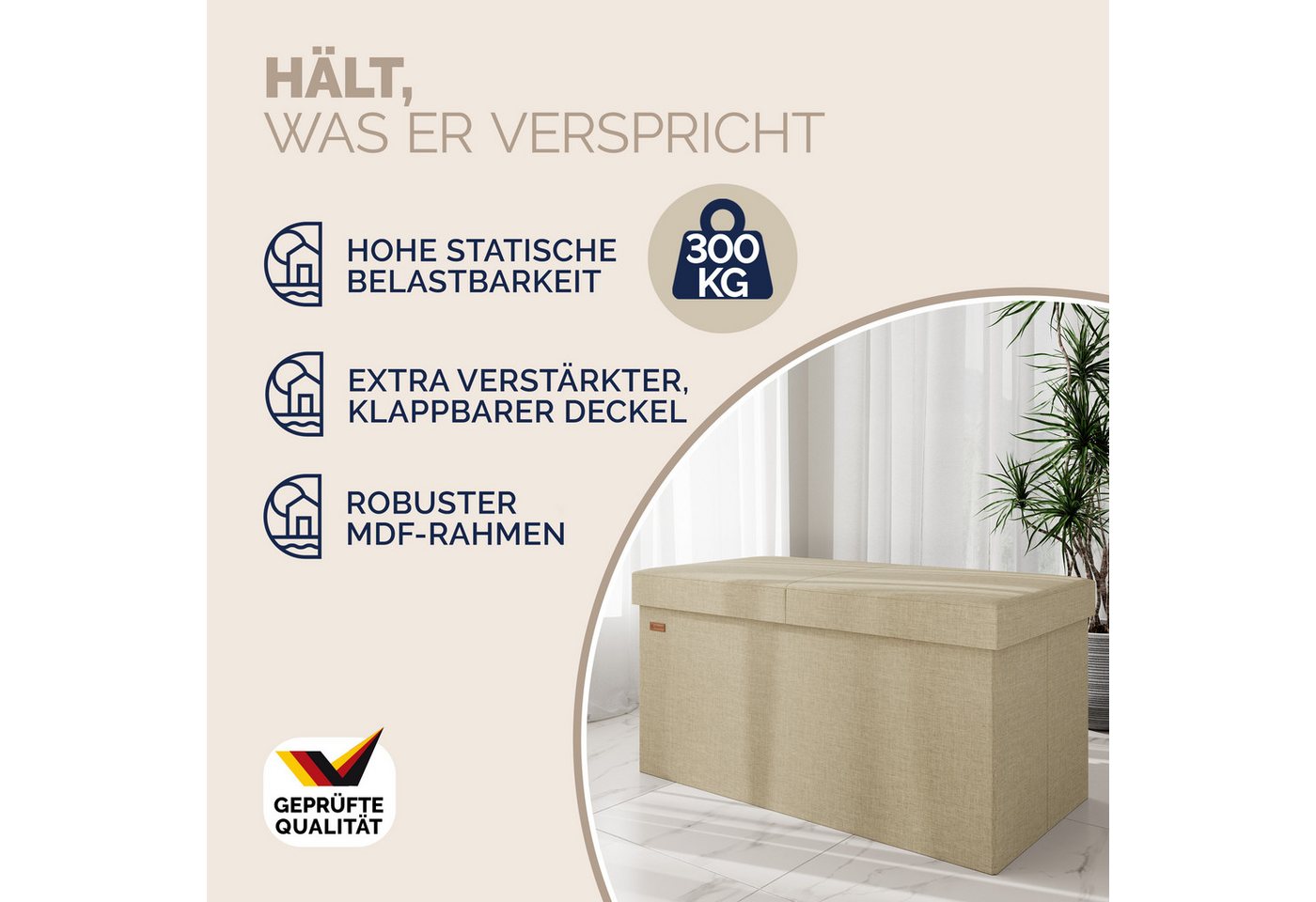 Casaria Sitzbank, mit Stauraum Faltbar Beige 80x40x40cm Gepolstert Deckel Stoff Stabil – Bild 3 von 5