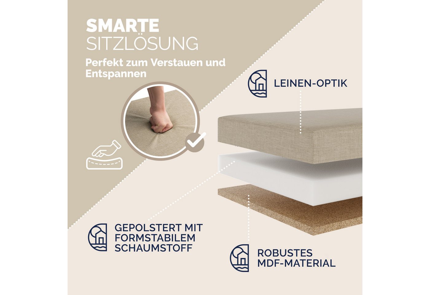 Casaria Sitzbank, mit Stauraum Faltbar Beige 80x40x40cm Gepolstert Deckel Stoff Stabil – Bild 4 von 5