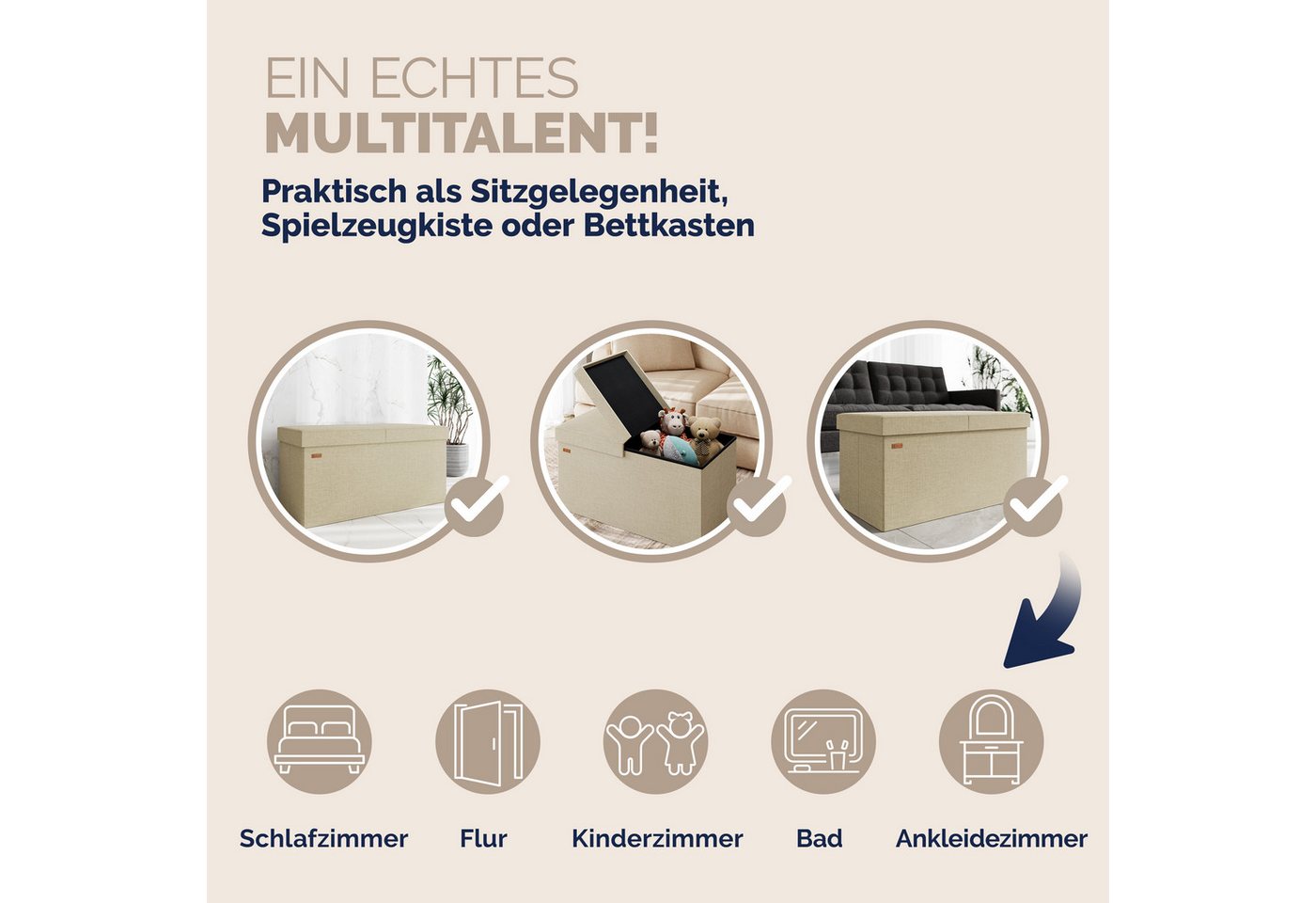 Casaria Sitzbank, mit Stauraum Faltbar Beige 80x40x40cm Gepolstert Deckel Stoff Stabil – Bild 5 von 5