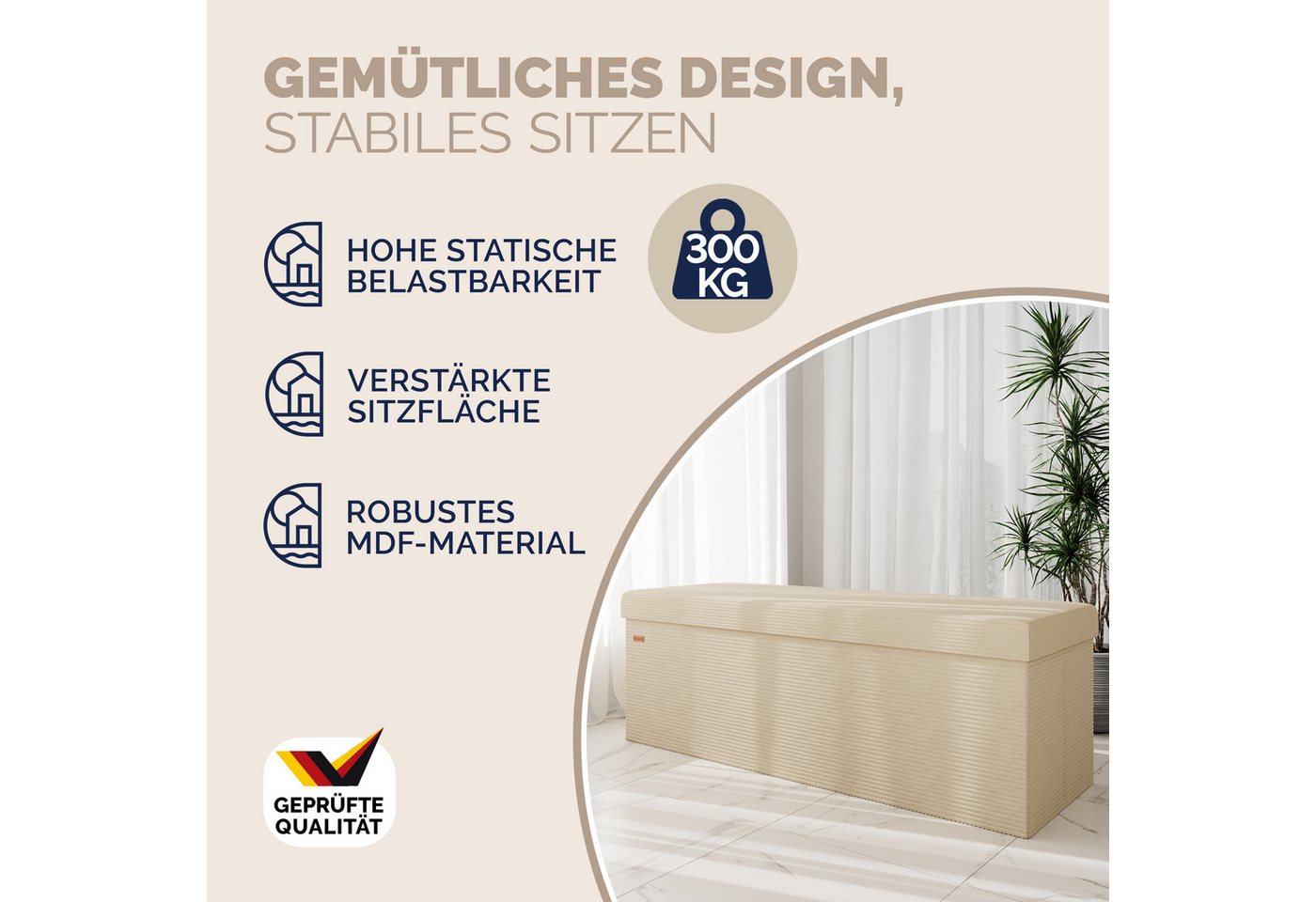 Casaria Sitzbank, Cord Beige Faltbar inkl. Boxen 114x38cm 300kg Belastbarkeit Wohnzimmer – Bild 3 von 5