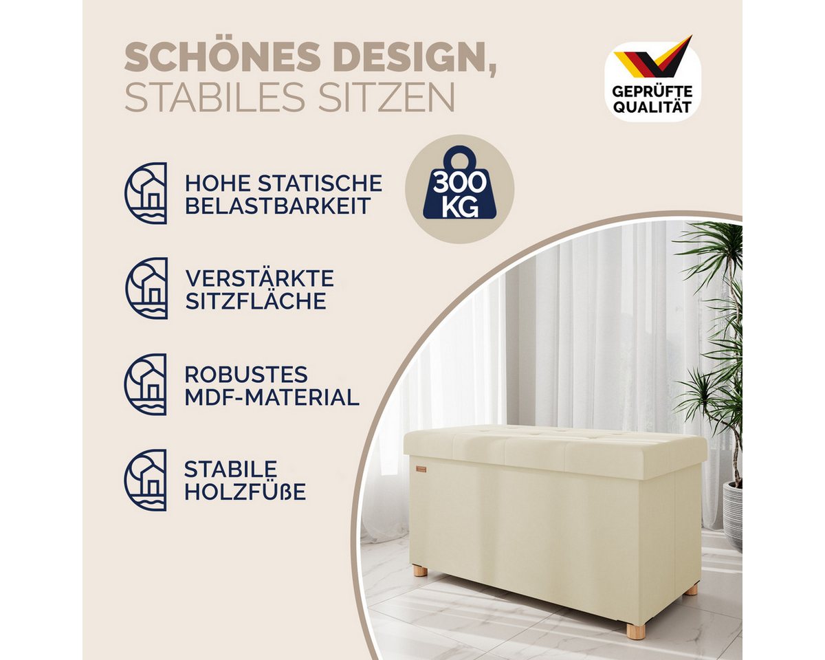 Casaria Sitzbank, Samt Beige Faltbar mit Holzfüßen 76x38cm 300kg Belastbarkeit Flur – Bild 3 von 5