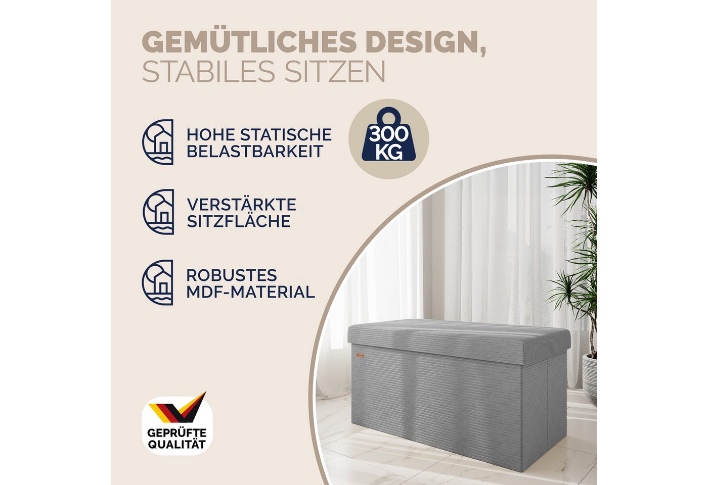 Casaria Sitzbank, Cord Beige Faltbar 76x38cm 300kg Belastbarkeit Wohnzimmer Schlafzimmer – Bild 3 von 5