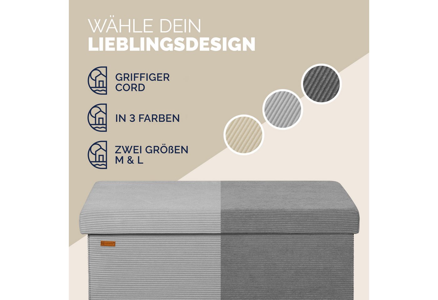 Casaria Sitzbank, Cord Beige Faltbar 76x38cm 300kg Belastbarkeit Wohnzimmer Schlafzimmer – Bild 4 von 5