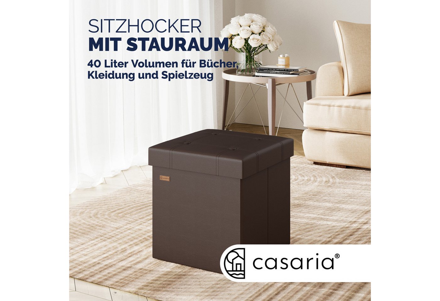 Casaria Sitzhocker, mit Stauraum Braun Faltbar Deckel Kunstleder Gepolstert 38x38x38cm – Bild 2 von 5