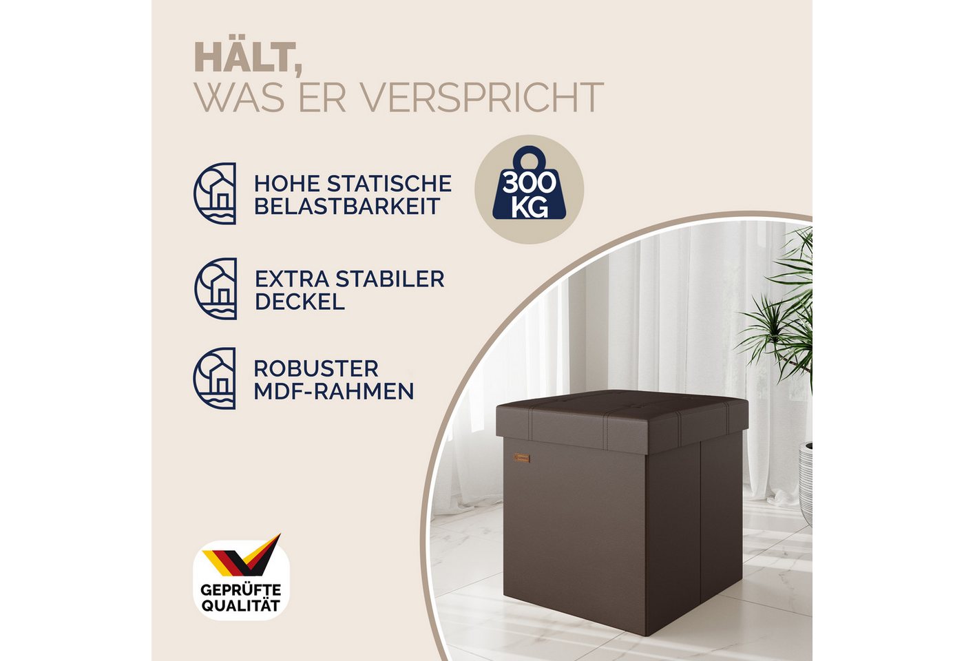 Casaria Sitzhocker, mit Stauraum Braun Faltbar Deckel Kunstleder Gepolstert 38x38x38cm – Bild 3 von 5