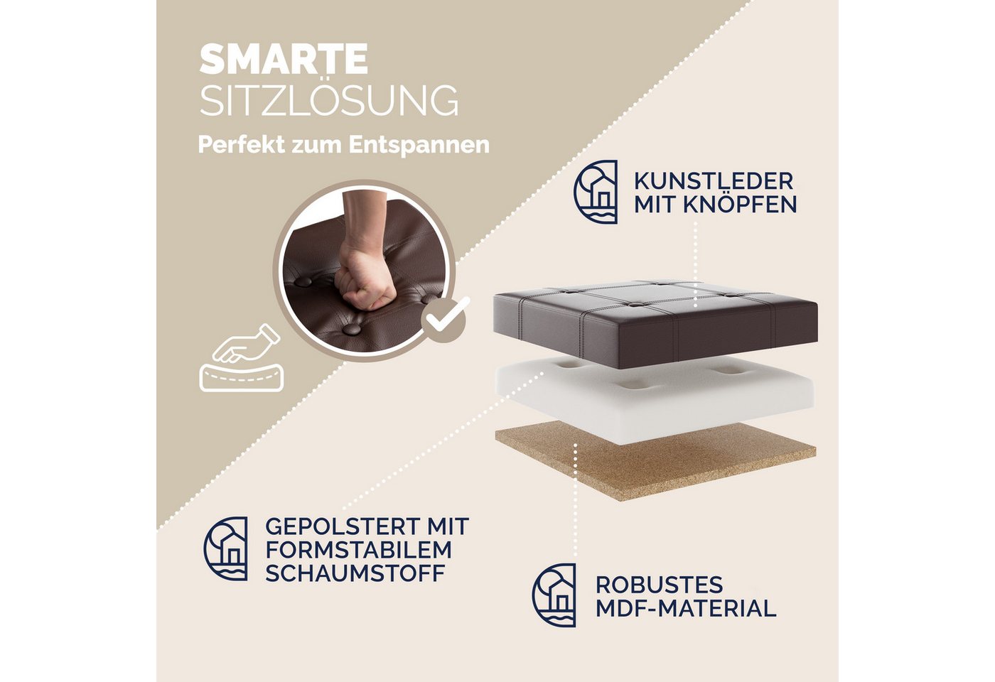 Casaria Sitzhocker, mit Stauraum Braun Faltbar Deckel Kunstleder Gepolstert 38x38x38cm – Bild 4 von 5