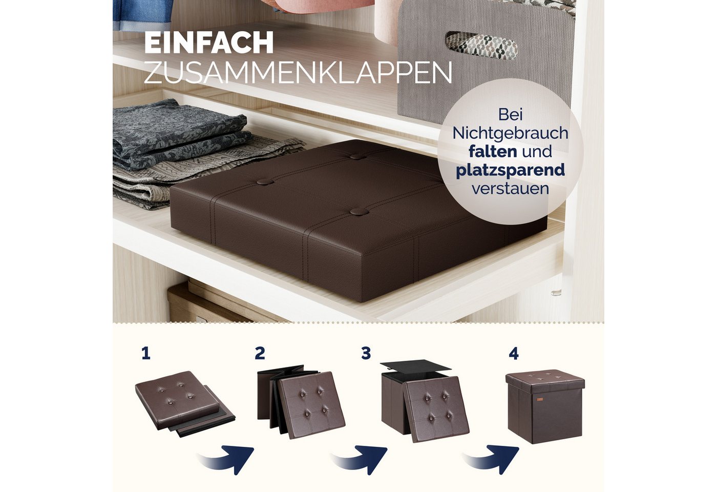 Casaria Sitzhocker, mit Stauraum Braun Faltbar Deckel Kunstleder Gepolstert 38x38x38cm – Bild 5 von 5
