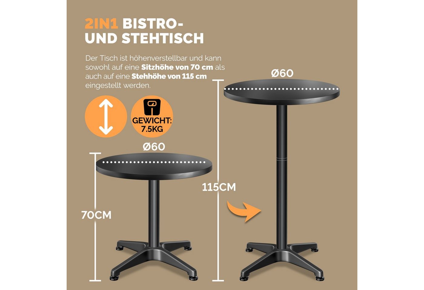 Casaria Stehtisch (1-St), Höhenverstellbar 70cm/115cm Hoch Alu Rund Ø60cm Bistrotisch Wetterfest – Bild 4 von 5