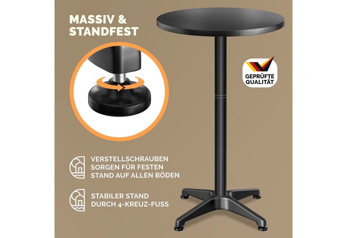 Casaria Stehtisch (2-St), 2x Höhenverstellbar Klappbar 70cm/115cm Hoch Alu Rund Ø60cm Wetterfest – Bild 3 von 5