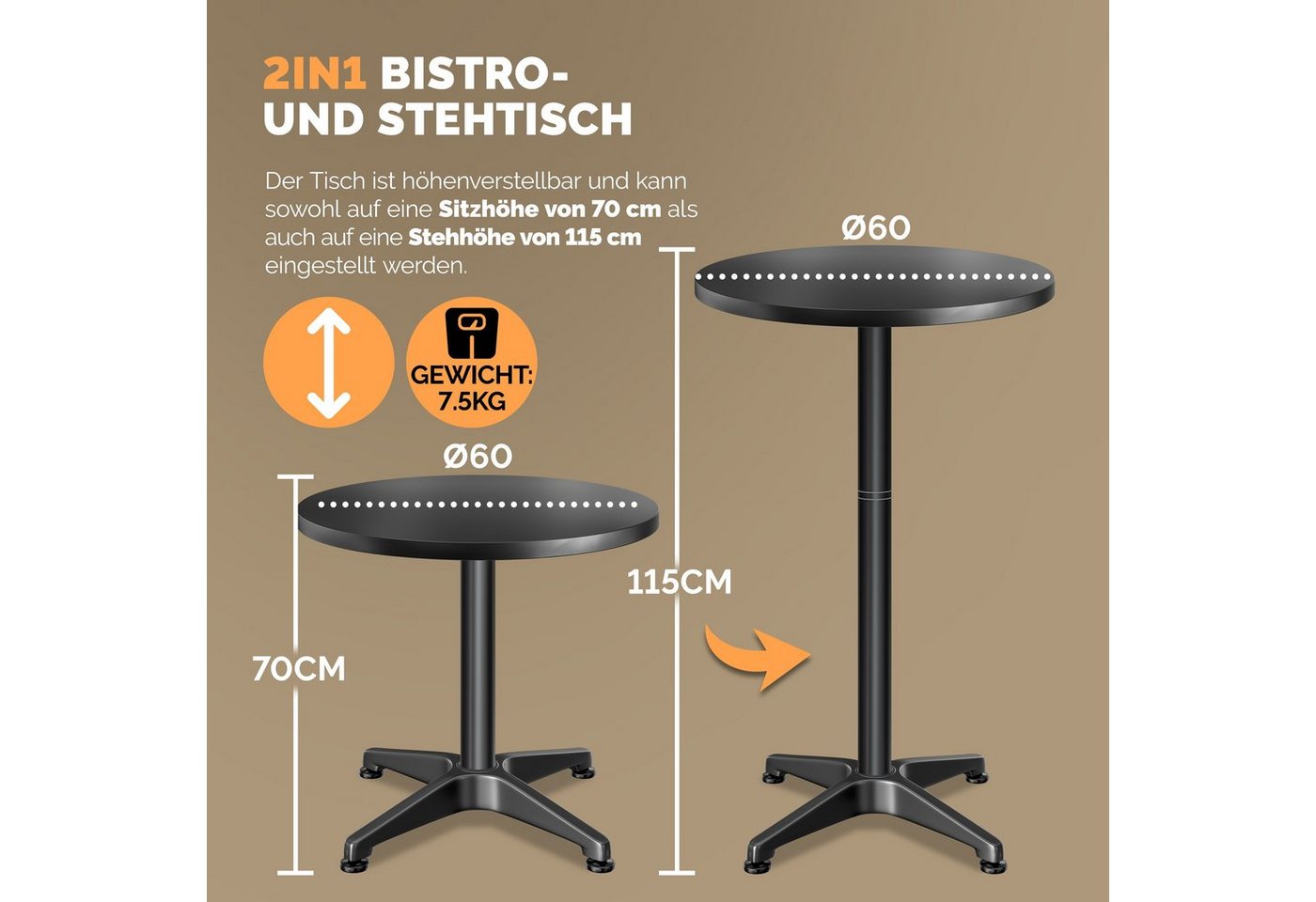 Casaria Stehtisch (2-St), 2x Höhenverstellbar Klappbar 70cm/115cm Hoch Alu Rund Ø60cm Wetterfest – Bild 4 von 5
