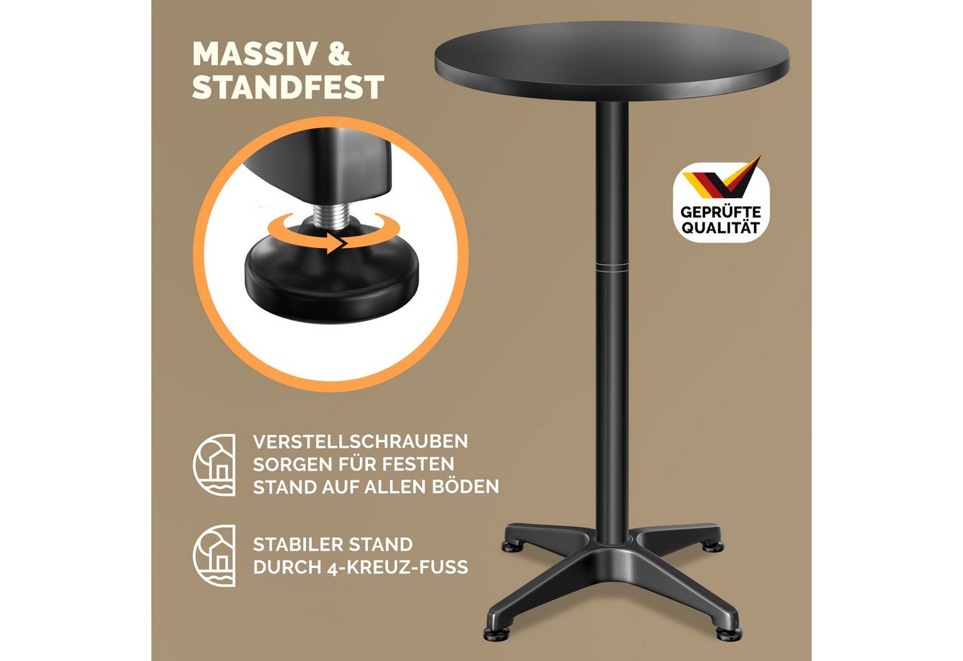 Casaria Stehtisch (2-St), Höhenverstellbar 70cm/115cm Hoch Alu Rund Ø60cm Bistrotisch Wetterfest – Bild 3 von 5