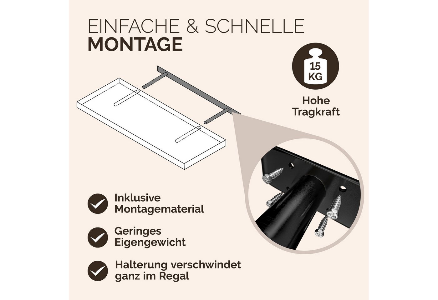 Casaria Wandboard, Weiß Hängeregal mit Halterung 15kg Tragkraft Küche Matt 70cm – Bild 5 von 5