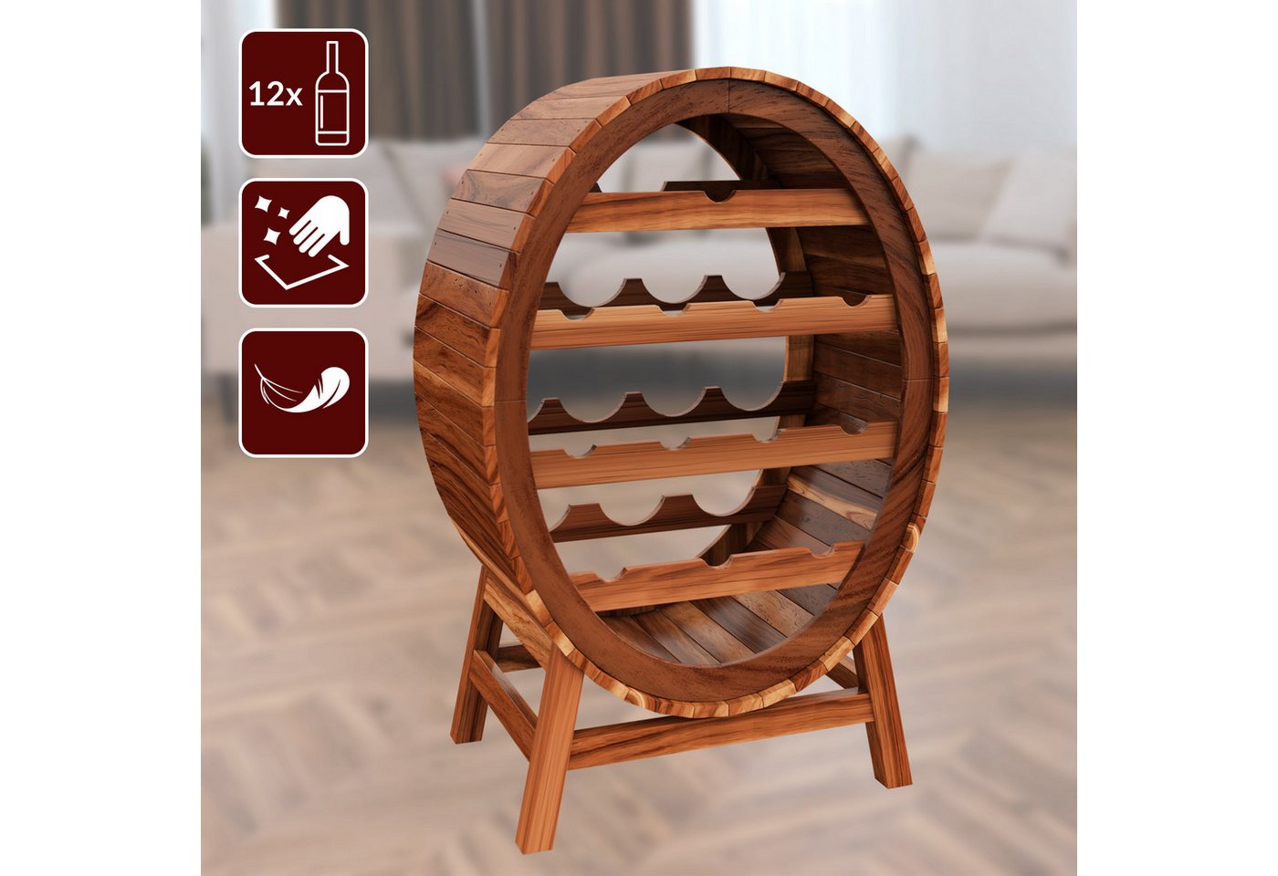Casaria Weinregal Weinfass, für 12 Flaschen Akazie Holz Massiv Fass Stehend 90x50x30cm Rustikal – Bild 2 von 5