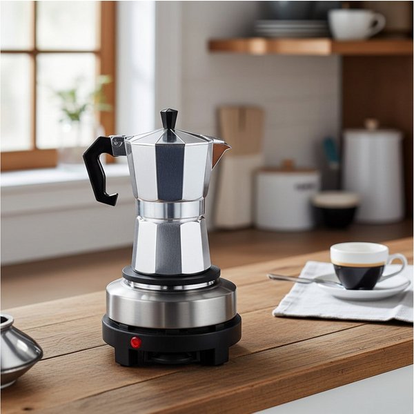 Casativo Einzelkochplatte Mini-Einzelkochplatte mit Espressokocher, 500W Camping-Set 150ml, 500W Mini-Kochplatte Gusseisen-Feld & Alu-Espressokocher für 3 Tasse